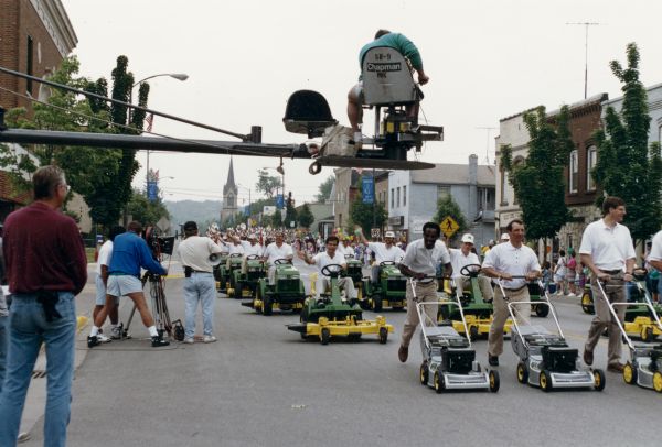 A John Deere company commercial being shot on the streets of Horicon, Wisconsin.  The parade celebrated the 2,000,000 lawn and grounds care products to come off the Horicon factory works assembly line.
