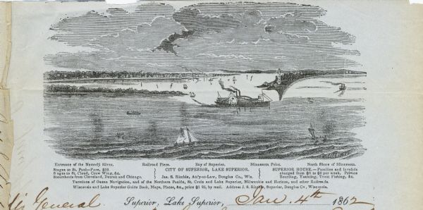 Engraving of the city of Superior and Lake Superior, also depicting railroad piers, Minnesota Point, and the steamboat "Star". The engraving appears on a letter from attorney James A. Ritchie of Superior to William P. Utley, Adjutant General of Wisconsin. The engraving and other promotional literature of the area was issued by Ritchie.