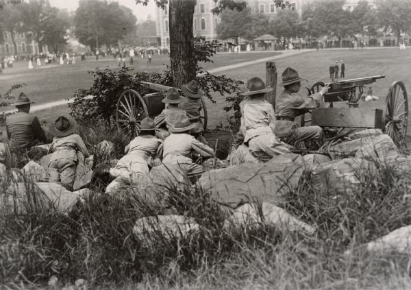 Machine gun training on the grounds of Peekskill Military Academy in New York during World War I.  The training was part of a state-sponsored military instruction camp for boys between the ages of 16 and 21.