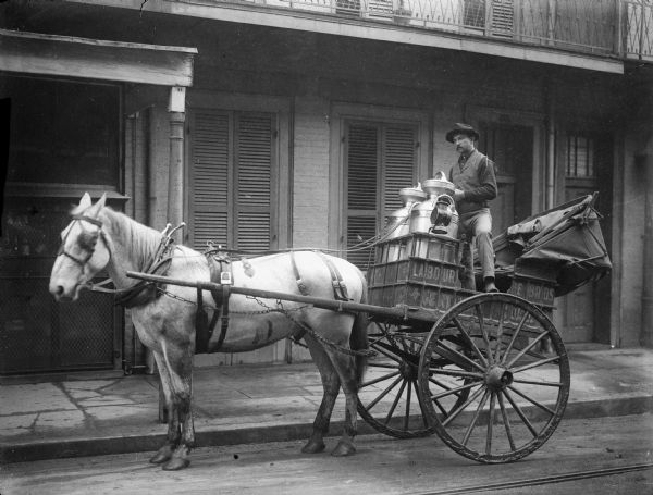 A milkman stands on top of his horse-drawn cart full of large milk cans on a street.