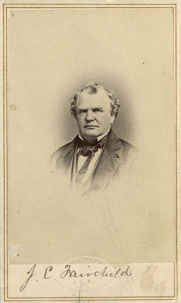 Vignetted carte-de-visite portrait of Jairus Cassius Fairchild (1801-1862), the first mayor of the city Madison (1856). Fairchild was also the father of Lucius Fairchild, governor and Civil War general, and Cassius Fairchild, also a Civil War officer.