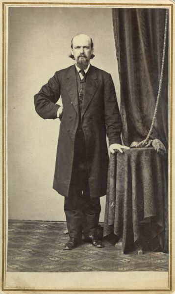 Carte-de-visite portrait of Elisha W. Keyes (1828-1910) a prominent Madison attorney who was appointed Madison postmaster by Abraham Lincoln in 1861. From the patronage associated with this position and his chairmanship of the Republican Party, Keyes was able to dominate Wisconsin politics during the 1860s and 1870s.