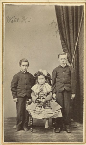 Carte-de-visite portrait of Joseph, Kate, and William, the three children of Madison attorney, postmaster, and Republican Party boss Elisha W. Keyes and his first wife Caroline Stevens Keyes.