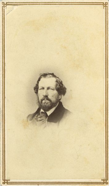 Vignetted carte-de-visite portrait of George B. Delaplaine (1814-1895), of Madison, Wisconsin. Delaplaine arrived in Madison in 1838 after having worked in Solomon Juneau's store in Milwaukee. In Madison Delaplaine served as secretary to Wisconsin's first three governors. In partnership with Elisha Burdick, he was a major invester in Madison real estate. At one time he lived in the house on Gilman Street that later became the first Governor's residence.