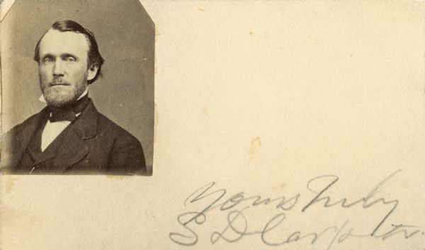 Photographic calling card of Stephen Decatur Carpenter (ca. 1821-1906), an influential newspaperman who settled in Madison, Wisconsin, in 1851, where he became associated with several newspapers: with Horace A. Tenney he was co-publisher of the "Argus"; with Beriah Brown he was publisher of the "Argus" and "Democrat"; and from 1854 to 1864 he was associated with various individuals in the publication of the "Wisconsin Patriot".  Later Carpenter established papers in Fond du Lac and Oshkosh before returning to Madison.  Carpenter was also an inventor and his patents for two rotary pumps resulted in his nickname "Pump."