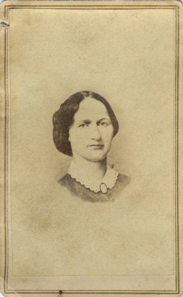 Vignetted carte-de-visite portrait of Julia Darst Conover, the first wife of University of Wisconsin faculty member, Obadieh M. Conover.  She died in Madison in 1863.