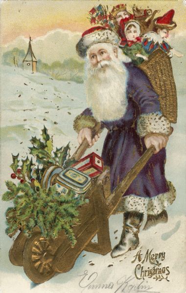 Holiday postcard depicting the traditional St. Nicholas figure garbed in a long purple fur-trimmed robe, red fur-trimmed hat and boots. He is pushing a wheelbarrow full of gifts, holly and pine boughs, and is wearing a basket on his back full of toys for children. Printed at bottom right: "A Merry Christmas." Chromolithograph. The card also has metallic gold ink throughout and is embossed. Printed in Germany.