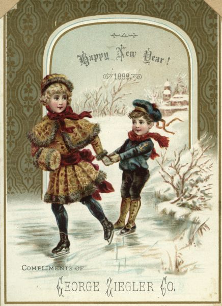 New Year's Day greeting card depicting a boy and girl ice skating.