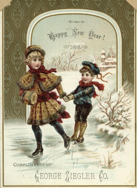 New Year's Day greeting card depicting a boy and girl ice skating. 