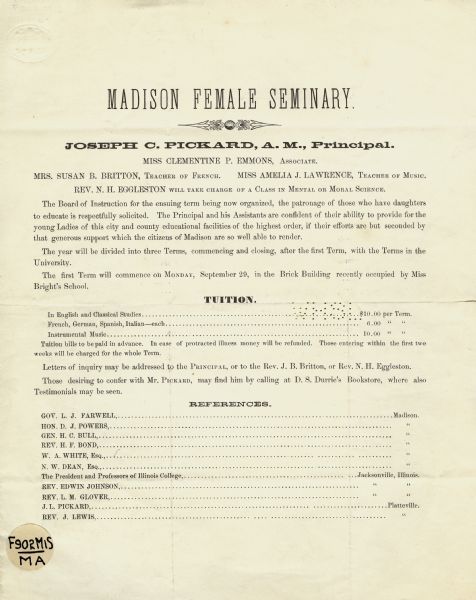 Prospectus for the Madison Female Seminary, then operated by Joseph C. Pickard.