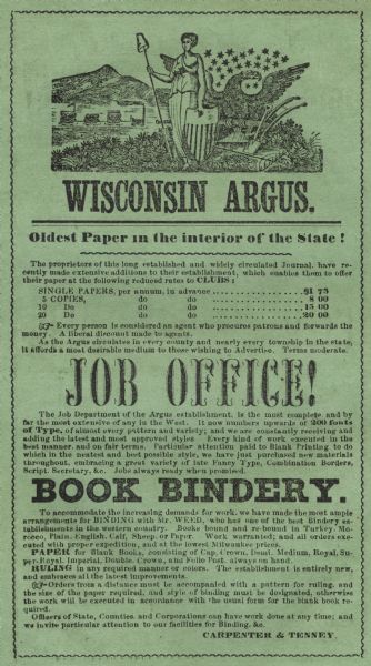 Advertisment for the "Wisconsin Argus" newspaper published in Madison, Wisconsin by S.D. Carpenter and H.A. Tenney.