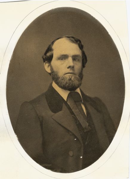 Portrait of Cassius Fairchild of Madison, the eldest son of Jairus Fairchild, about 1859. At this time he assumed responsibility for a large part of the family interests as well as achieving a leadership role in the Democratic Party. In 1959 he was chairman of the state party and elected to a position in the Assembly. He served during the Civil War and died prematurely as a result of a wound received at the Battle of Shiloh.