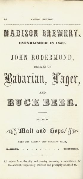 Advertisement for the Madison Brewery operated from John Rodermund that appeared in the 1858 City Directory.