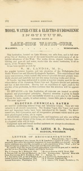 Advertisement for the Madison Water Cure and Electro-Hydrogienic Institute, formerly the Lakeside Water-Cure.