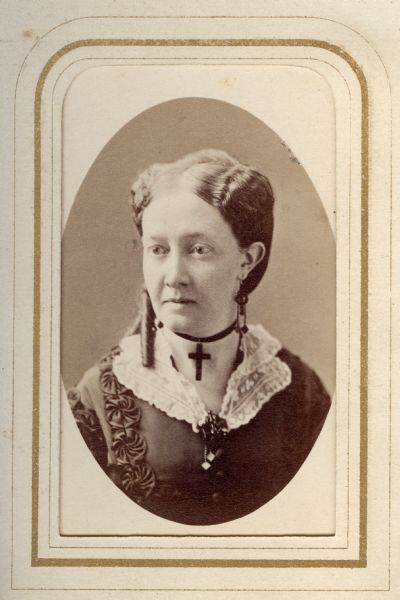 Portrait of Frances Adams Clark, the second wife of Darwin Clark of Madison.  Prior to her marriage Mrs. Clark was a school teacher in Fond du Lac and Madison.