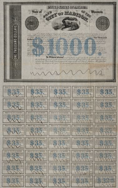 One thousand dollar bond and unclipped coupons issued by the city of Madison in 1857. The bond was illustrated with a railroad train, perhaps to suggest the prosperous future Madison imagined for itself.