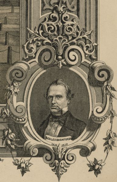 Inset of an engraved portrait of Governor Coles Bashford.