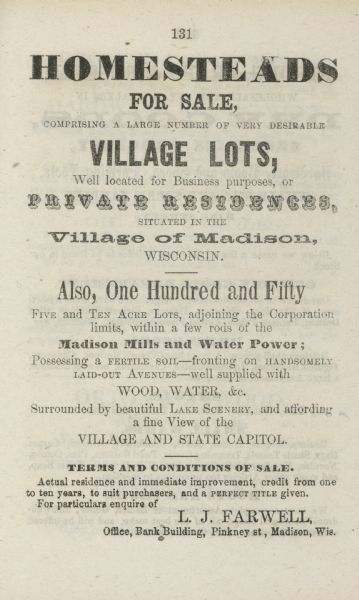 Advertisment of Leonard J. Farwell from the 1855 Madison City Directory for the real estate property he had for sale. At the time Farwell was the largest property owner in Madison and an aggressive promoter of the city's economic future.