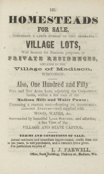 Advertisment of Leonard J. Farwell from the 1855 Madison City Directory for the real estate property he had for sale.  At the time Farwell was the largest property owner in Madison and an aggressive promoter of the city's economic future.