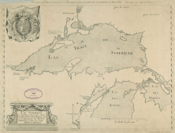 This map is in French and shows Lac Tracy ov Superieur (Lake Superior), Baye des Puans (Green Bay), and portions of Lac des Ilinois (Lake Michigan) and Lac des Hurons (Lake Huron). The top margin shows the French coat of arms. The bottom margin includes notes in English that reads: "Jesuit map of Lake Superior, from the "Relation" of 1670-71.  Reproduced from Thwaites, Jesuit Relations, 1v, by courtesy of Burrows Brothers Co. Attributed to Jesuit father Claude Dablon and originally published in France as part of the Jesuit Relations. 