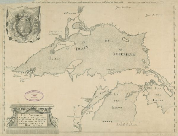 This map is in French and shows Lac Tracy ov Superieur (Lake Superior), Baye des Puans (Green Bay), and portions of Lac des Ilinois (Lake Michigan) and Lac des Hurons (Lake Huron). The top margin shows the French coat of arms. The bottom margin includes notes in English that reads: "Jesuit map of Lake Superior, from the "Relation" of 1670-71.  Reproduced from Thwaites, Jesuit Relations, 1v, by courtesy of Burrows Brothers Co. Attributed to Jesuit father Claude Dablon and originally published in France as part of the Jesuit Relations.
