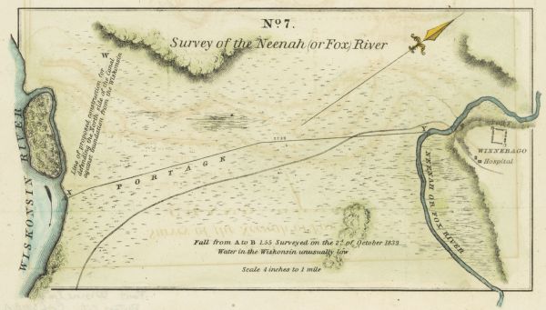 This map, one of a series made by Thomas Jefferson Cram of the U.S. Topographical Engineers from personal surveys, shows the portage connecting the Wiskonsin <i>[sic]</i> River with the Neenah, or Fox, River south and west of Fort Winnebago. These maps were published with the Report from the Secretary of War, transmitting, in compliance with a resolution of the Senate, copies of reports, plans and estimates for the improvement of the Neenah, Wiskonsin [sic] and Rock rivers, the improvement of the haven of Rock River, and the construction of a pier at the northern extremity of Winnebago Lake, issued in the United States Serial Set as Senate Doc. 318, 26th Congress, 1st session, 1840.