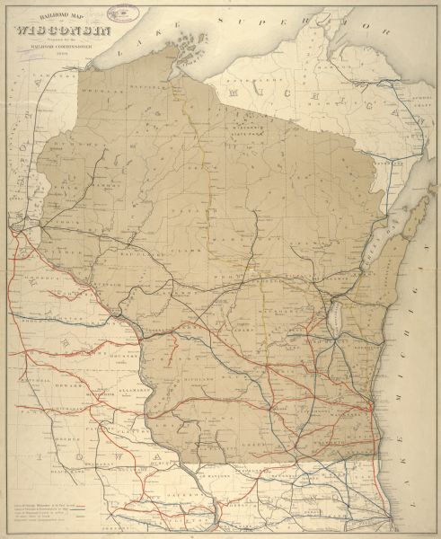 This map shows railroads by operator and projected railroads. Portions of Lake Michigan, Lake Superior, Illinois, Iowa, Michigan and Minnesota are labeled.