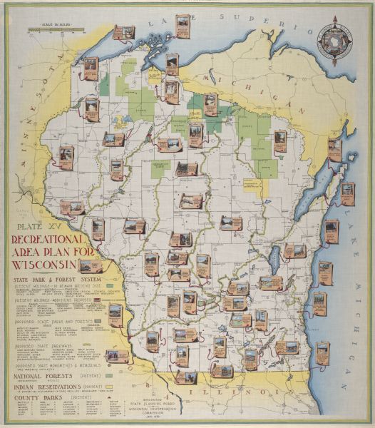 A color, pictorial map. Scale: 10 miles to the inch. Shows state parks and forests, proposed state parkways, proposed state monuments and memorials, national forests, Indian reservations, and county parks.