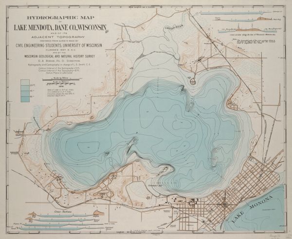 Hydrographic map of Lake Mendota and it's adjacent topography. Prepared from surveys made by civil engineering students, University of Wisconsin, classes 1897, 8,9,0, and by the Wisconsin Geological and Natural History Survey, E.A. Birge, Ph.D., Director. Scale: 3 inches = 1 mile.