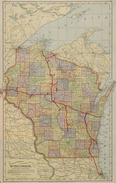 Shows railway lines in Wisconsin marked in red and counties in colors. The meridians are Greenwich, Wisconsin and Washington, Wisconsin. The map folds into a red cover with advertisement from the Wisconsin Central Railway. The map includes an index and population of counties, cities, villages, post-offices, and stations.