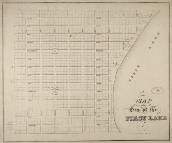 Map of the City of the First Lake. Drawn by J. Judson, Greene & McGowran litho. Scale: 200 ft. to 1 inch. "Paper city located near Lake Kegonsa."