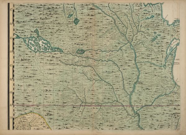 From "A map of the British Empire in America with the French and Spanish settlements adjacent thereto". This is the Wisconsin and Minnesota section.