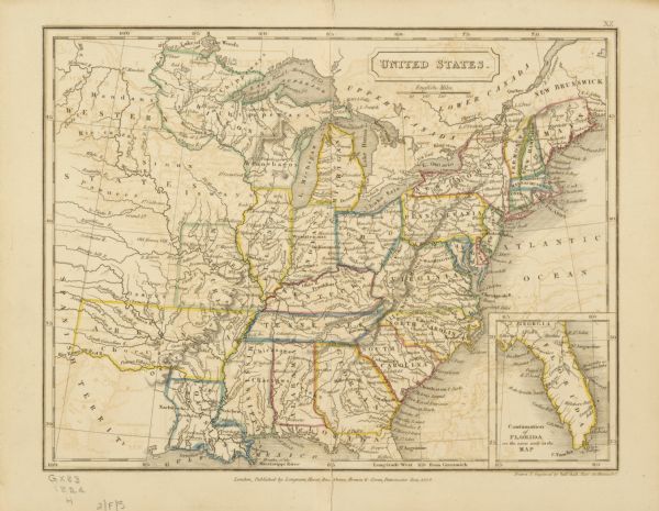Drawn and engraved by Sidney Hall. Published by Longman, Hurst, Rees, Orme, Brown & Green. Scale: 1:200. Partly colored. This is probably the second European map to show Wisconsin, and is presumably from the 1825 ed. of Butler, Samuel, Atlas of Modern Geography.
