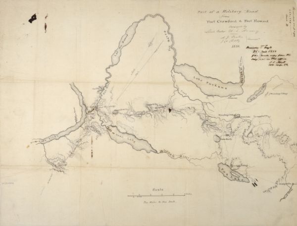 Map of part of the military road from Fort Crawford to Fort Howard. "Recorded on pages 668.669 Book B." Surveyed by Lieut. Center. Scale: 2 miles = 1 inch.