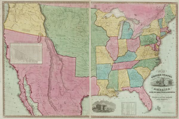 Map reads: "Map of the United States of America with its Territories and Districts - Including also a part of Upper and Lower Canada and Mexico". The map includes a sketch of the President's House at Washington, the Capitol at Washington, a key with the square mileage of the states, a scale and the census information of the total population in each state, including whites, freed slaves and slaves.