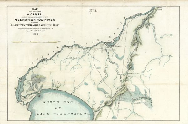 Map of a canal route to avoid the principal rapids of the Neenah or Fox River between Lake Winnebago and Green Bay.