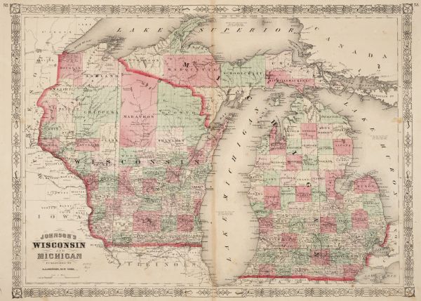 Map reads: "Johnson's Wisconsin and Michigan". There is a decorative border, a scale of which ten miles is approximately one inch and individual counties depicted in both states. On the back of the map there are historical statistics for several states, these states are: Maine, Maryland, Massachusetts, Michigan, Minnesota, Mississippi, Iowa, Kansas, Kentucky and Louisiana.