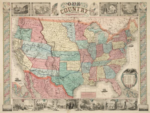 Map reads "Our Country" which is accompanied by a sailor with a flag to the left and workers rejoicing under the Constitution and Laws to the right. Across the top of the map there are four artistic engravings of agriculture, the arts, manufactures <i>[sic]</i>, and commerce. On the left and right sides of the map are names of influential politicians, past and present. Across the bottom of the map are engravings from each century of the history of the United States including; Columbus leaving Palos for America in 1492, Raleigh's first expedition landing at Roanoke Island in 1584, the Pilgrims landing at Plymouth in 1620, the Battle of Bunker Hill during the Revolutionary War in 1775, Benjamin Franklin at the National Convention in 1787, and lastly, Fulton's first steamboat shown to an Indian. Within the map, there is an inset of a table with the populations of each state and a map of Mexico. Each state capitol is marked with a red dot.