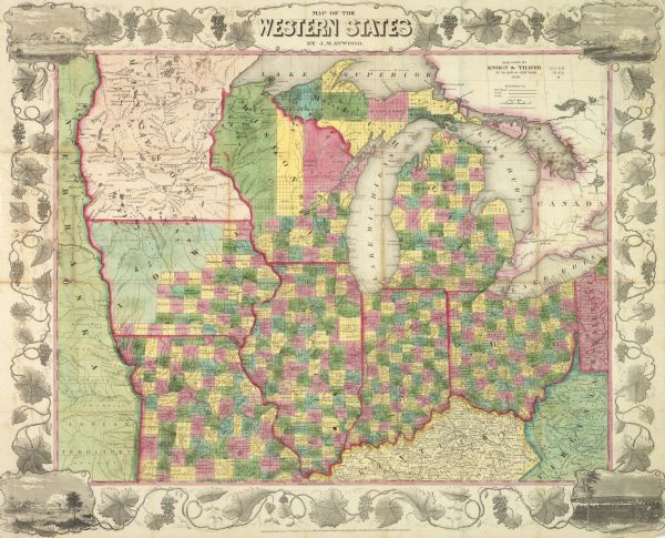 Map reads, "Map of the Western States". Published by Ensign & Thayer. There is a decorative vine border, and in each corner there is an engraving of four cities. Starting in the upper left, the cities are: Chicago, Detroit, Cincinnati, and St. Louis. Within the map there is a reference key for railroads, roads and canals. Each states counties are also depicted.