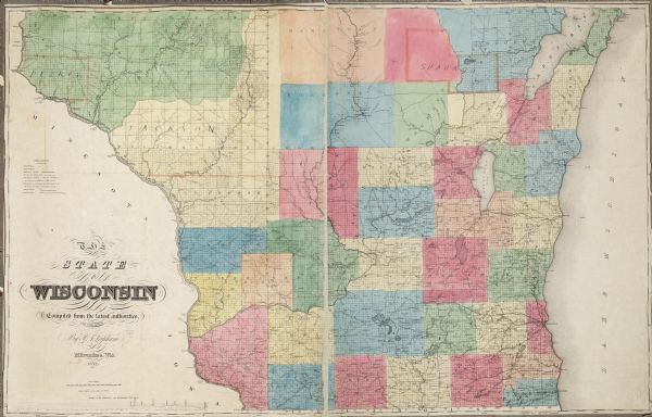 Map reads: "The State of Wisconsin- compiled from the latest authorities". In addition, there is a scale which is six miles for every inch, and a profile of the Milwaukee and Mississippi Rail Road.