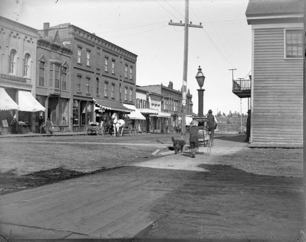 Boy pushing baby buggy down Main Street, followed by a dog. Various storefronts are on the other side of the street, including the A. Meinhold Store and the First National Bank on the left.