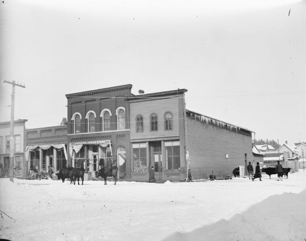 Winter scene with short-Horned cattle on a snow-covered Main Street, Black River Falls, Wisconsin, in front of the Chicago Cheap Store. The Price Manufacturing Company Office is also visible on North First Street.