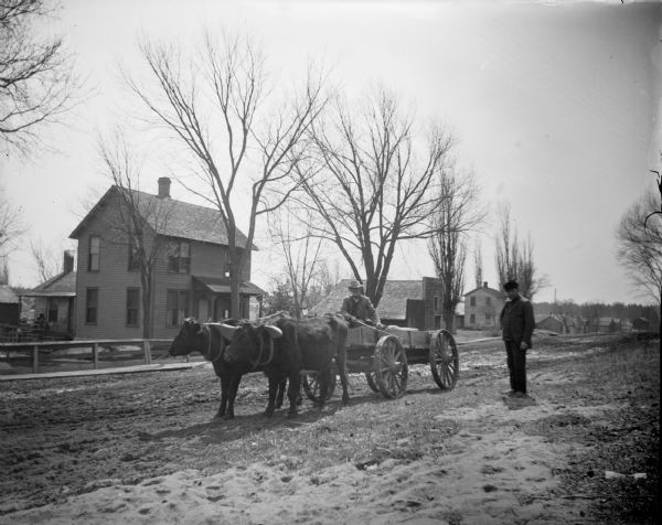 Team of two oxen and wagon, and two men on a road.