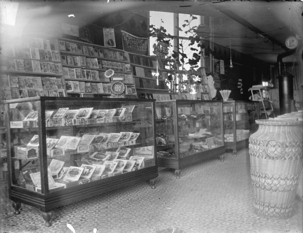 Interior of a store with a display case of cigars and shelves of books. Negative was possibly double exposed, with windows and plant in the upper center.