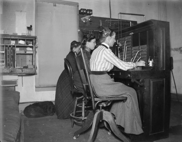 Three female telephone operators working at the telephone switchboard. Dog sleeps in the lower left.