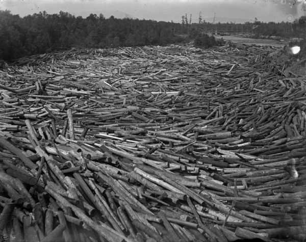 Logs move down the river, swirling with cross currents, resulting in a huge log jam.