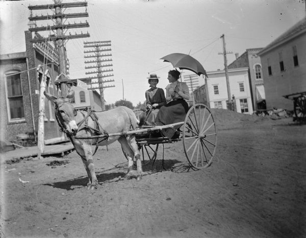 Two women in a road cart pulled by a mule. Mules were almost unknown at the time. The road cart was not a typical vehicle and was considered inappropriate for a young man to take his young lady riding in. Woman on the left was Edna Bright, "an athletic girl of eccentric tastes," on the right, with umbrella, is Mary Emerson, who worked at Bright's Store. May be a gag shot.