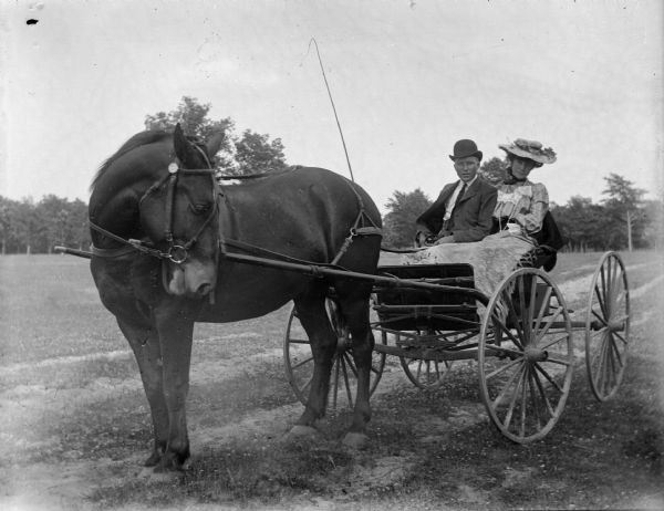 Man and woman in a horse and buggy.