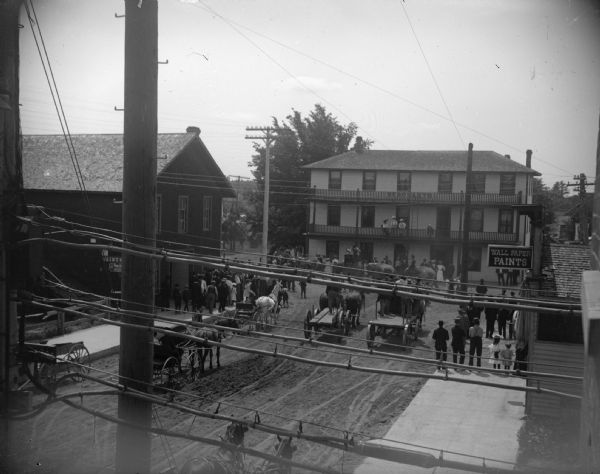 Elevated view of a crowd watching elephants in a circus parade. In the foreground are power lines and telephone poles.