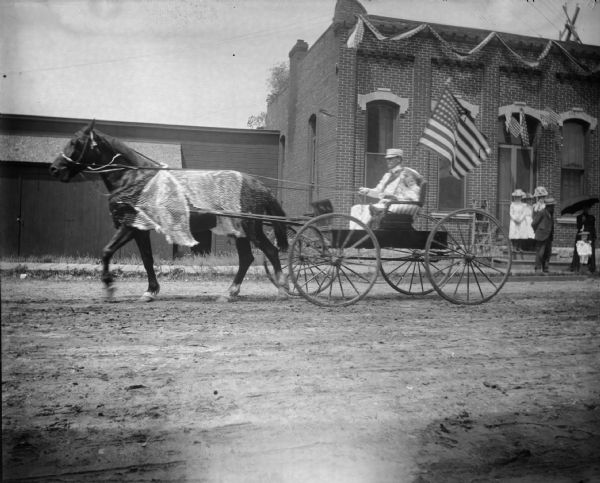 Man and child riding in a decorated horse and buggy with a flag.
